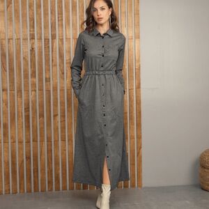 Gray Long Sleeve Button-Up Dress